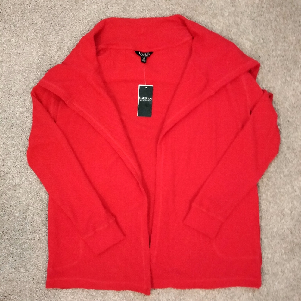 NWT L Ralph Lauren Red Waffle Knit Open Jacket - Picture 12 of 13